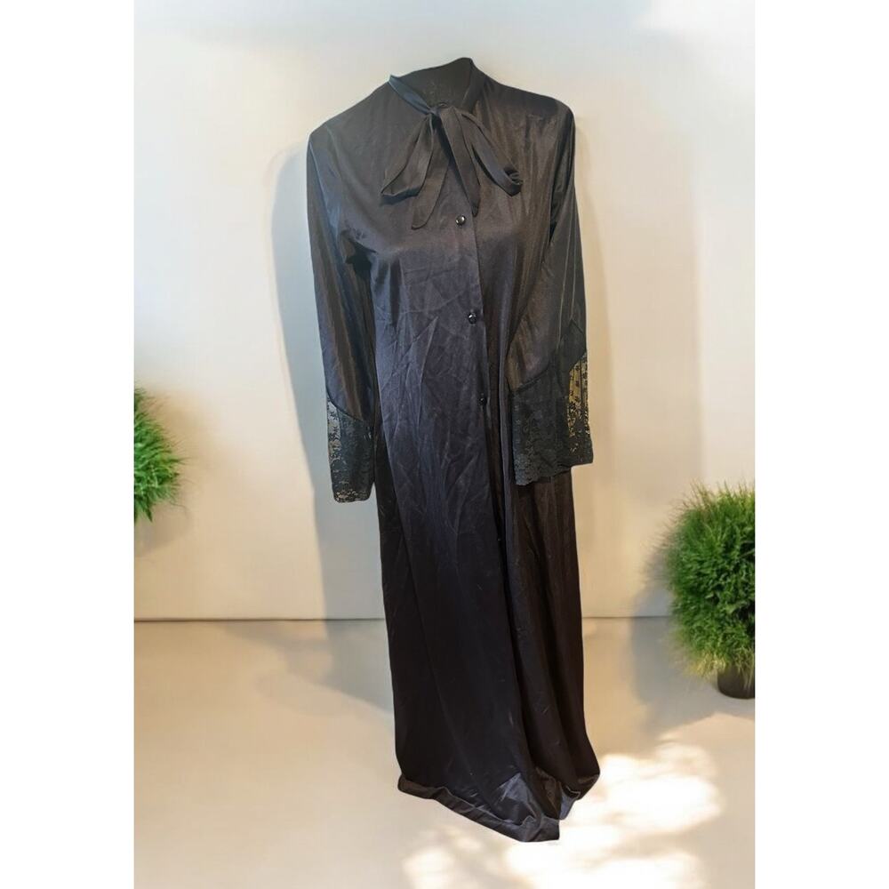 VTG 80's Long Black Robe JCPenney Misses Intimate Lingerie Gown Lace Bow Sm-Med